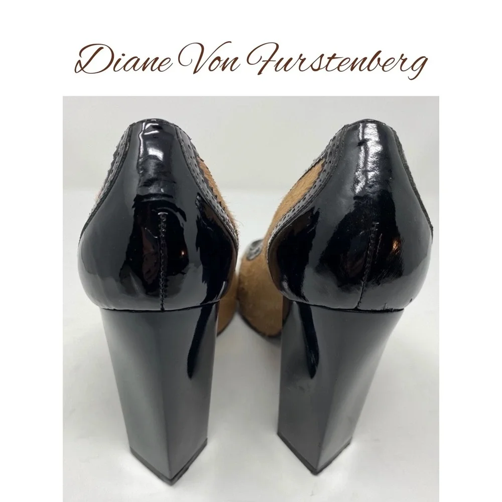 DVF Diane von Furstenberg Calf Hair‎ Block Heel Pumps Camel Black Peep Toe, 7.5